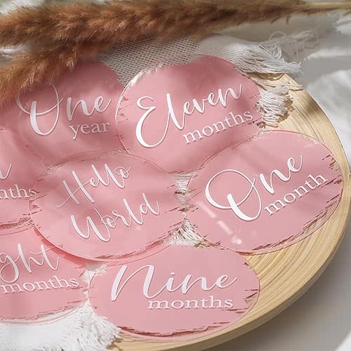 UNIQOOO 13Pcs Pink Baby Monthly Milestone Marker Discs Handmade-Style Printed|Acrylic Milestone Cards for Baby Announcement | Gender-Neutral Gift for Newborn Boy and Girl, Baby First Year Photo Props