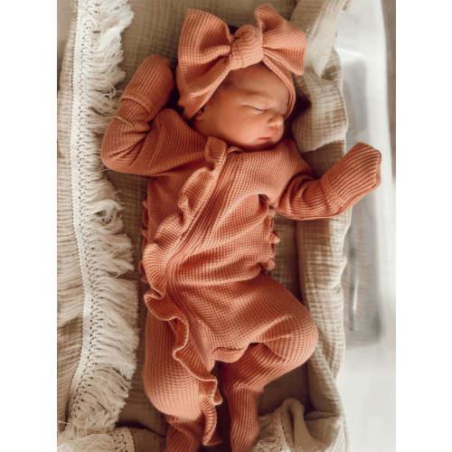Organic Waffle Ruffle Zip Footie, Dusty Rose