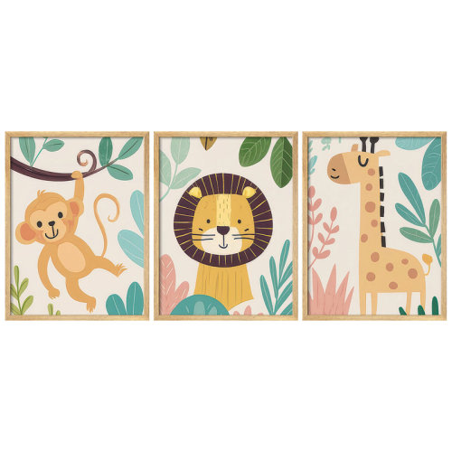 SIGNLEADER Safari Animal Framed Wall Art Set of 3 - Jungle Monkey Lion and Giraffe Prints for Kids' Room or Playroom Decor | Wayfair