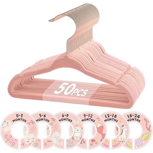 VIS'V Baby Hangers, 11 Inch Velvet Kids Hangers with 6 Pcs Clothes Size Dividers, Infant Toddler Nursery Closet Organization, Non Slip, Pink, 50 Pcs