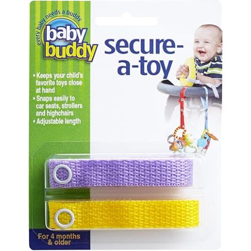Baby Buddy Secure-a-Toy, Adjustable Pacifier and Teether Strap for Stroller, Highchair, and Car Seat, Lilac Yellow, 2 pack