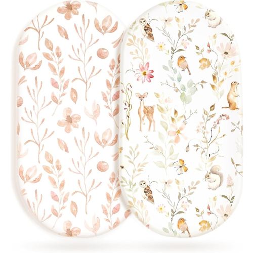 Stretchy Ultra Soft Fitted Bassinet Sheet Set 2 Pack, Universal Fit for Bassinets Baby Cradle Moses Basket Oval Rectangle Mattress Safe and Snug, Beautiful Blush Pink Floral and Cute Animals Print