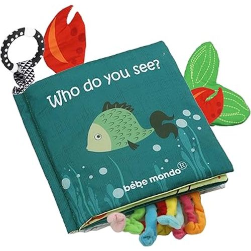 Fish Baby Books Toys, Touch and Feel Crinkle Cloth Books for Babies,Infant, Baby Toys 0-6-12 18 Months, Learning Education Soft Sensory Mirror Toy, Shower Gifts Christmas for Baby Boys Girls-Green