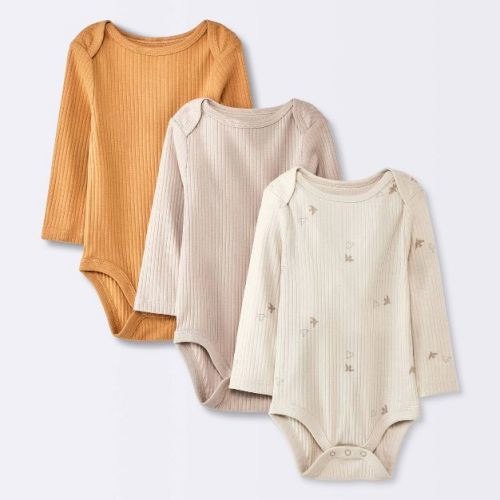 Baby 3pk Birds Long Sleeve Wide Ribbed Bodysuit - Cloud Island™ Bronze 3-6m