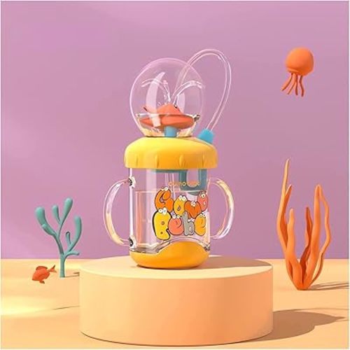 Cute Whale Cup With Squirt - Water Bottle, Sippy Cup With Leak Proof Weighted Straw for Kids (220ml/Yellow)