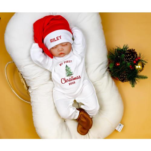 Baby 1st Christmas Romper. My 1st Christmas Outfit with Santa Hat. Personalized Newborn White Long Sleeve Romper. Baby Boy or Baby Girl