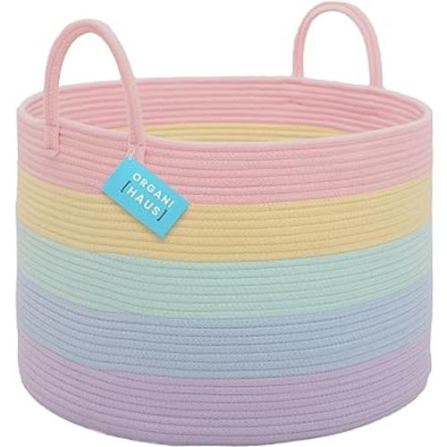 OrganiHaus Cute Basket for Rainbow Classroom Decor 20x13 | Cotton Rope Baskets for Storage | Toybox for Pastel Room Decor | Extra Large Blanket Basket for Living Room | Toy Basket for Playroom Décor