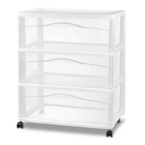 Sterilite Wide 3 Drawer Storage Cart, Plastic Organizer with Wheels, White - Multipurpose Bin for Clothes, Accessories, or Home Accessories