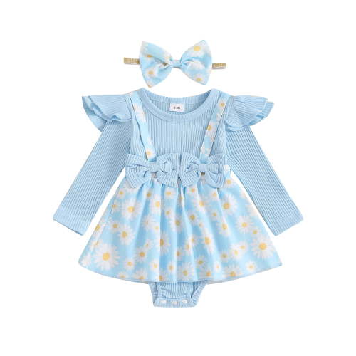 Suealasg Baby Girls Outfits 2Pcs Newborn Girls Spring Fall Clothes 3 6 9 12 18 Months Infant Girls Long Sleeve Flower Print Romper Dress + Headband Set