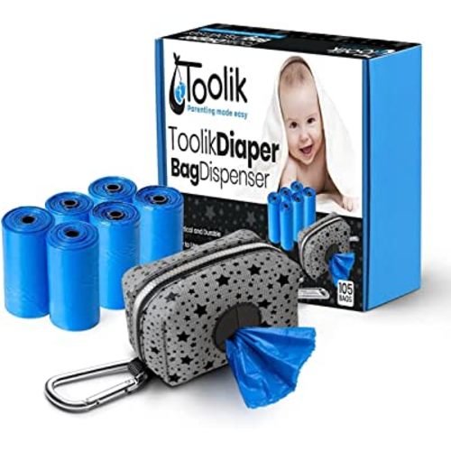 Toolik Diaper Bag Dispenser with 105 Disposable Unscented Waste Bags (7 Refill Rolls) for Baby and Toddler Poop or Dirty Clothes, Essential for Travel and Quick Change on The Go