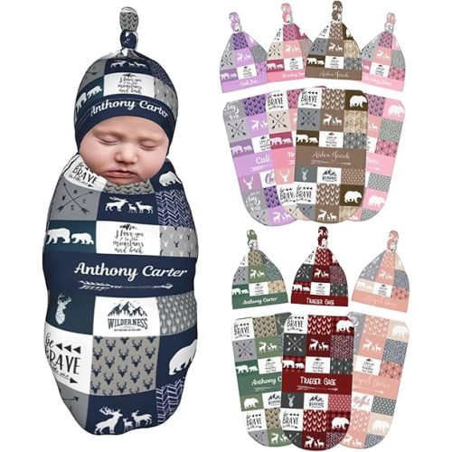 Personalized Baby Blankets for Girl and Boy with Name, Newborn Infant Swaddle Blanket, Gifts - Woodland.