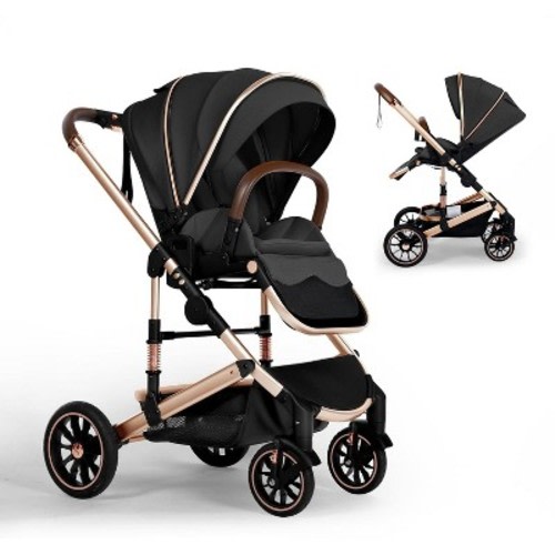 Kinder King Roc 1 Reversible Folding Baby Stroller, High Landscape, Adjustable Canopy, Anti-Shock, 5-Point Harness, Cup Holder, Black