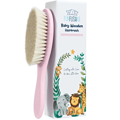 Baby Hair Brush with Soft Goat Bristles - Wooden Cradle Cap Brush for Newborns, Infants, Toddlers, and Kids - Gentle Scalp Grooming and Styling for Baby Girls and Boys (Rosa)