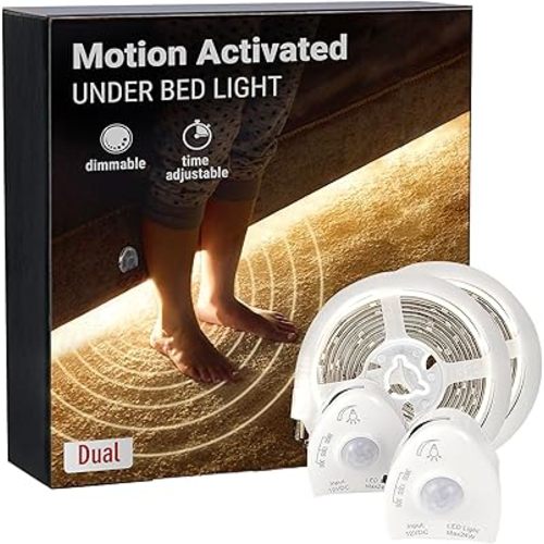 Under Bed Lights Motion Sensor, Motion Activated Bed Lighting,12V Power Adapter, Dimmable LED Strip Night Light for Bedroom,Stairs,Crib,Cabinet,Warm White -2 x 5FT -Dual Kit