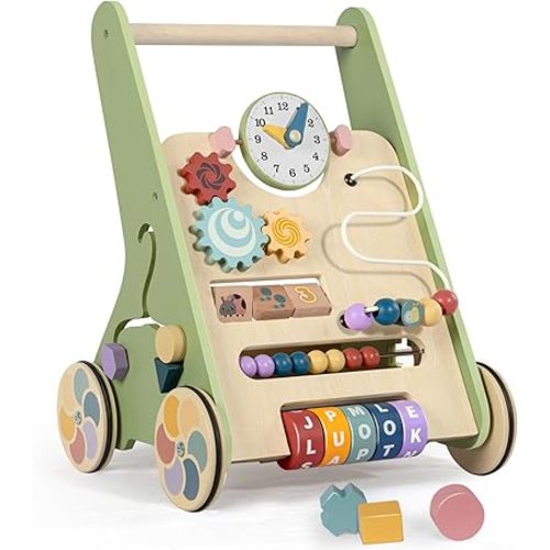 Wooden Baby Walker with Wheels, Push Walker for Baby 6-12 Months, Baby Activity Center Sit to Stand Walker Small Size