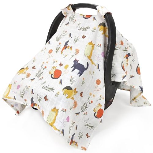 Car Seat Cover Baby, 100% Muslin Cotton Infant Carseat Covers for Boys and Girls, Lightweight Breathable Canopy, Summer Stroller Sun Shade, Newborn Travel Essentials(Cat)