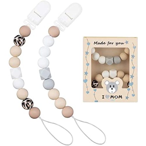 Pacifier Clips for Baby Boys Girls Silicone Beads Pack of 2 Soft Flexible Binky Clips (Beige+Leopard Print)