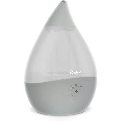 Crane Droplet Ultrasonic Small Air Humidifiers for Bedroom and Office, 0.5 Gallon Cool Mist Humidifier for Plants and Home, Humidifier Filters Optional, Grey