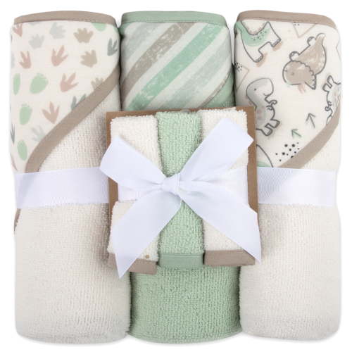 Baby Essentials 6 Piece Hooded Bath Towel Washcloth Set for Infant, Newborns, Toddlers 3 – 24 Months for Bath Time, Showers, Lounge, Beach, Pool in Dinosaurs & Stripes
