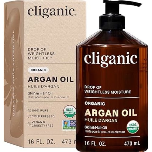 Cliganic Organic Argan Oil 16oz with Pump, 100% Pure | Bulk for Hair, Face & Skin (Packaging May Vary)