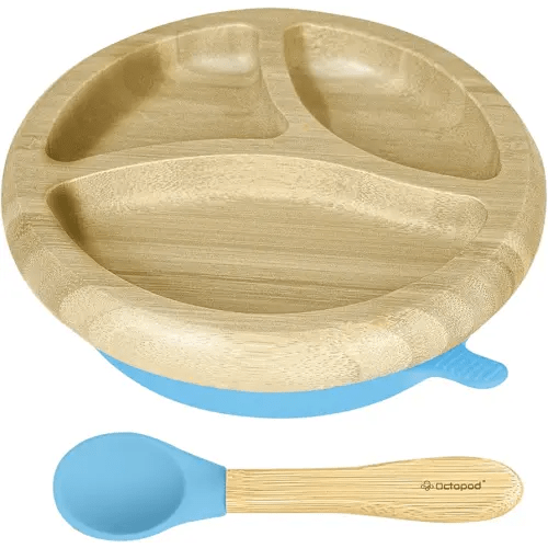 Abiie Octopod Bamboo Dish - Kids Plates for 4 months and up, 3-Compartment Baby Plates with Suction, Round Bamboo Baby Plate, Mess-Free Toddler Suction Plates, Baby Feeding Supplies, 7.5 x 7.5 x 1.9in