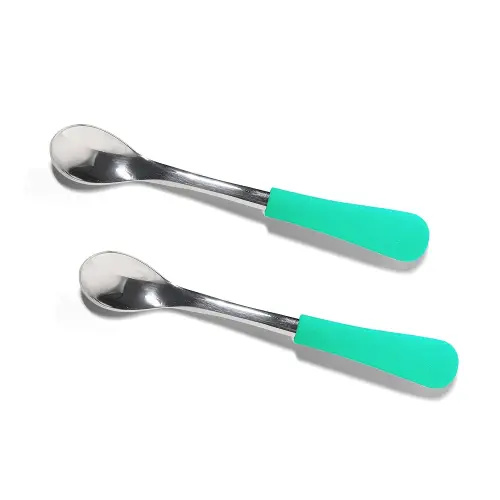 Avanchy Infant Baby Spoons Stainless Steel and Silicone Set, Self Feeding Food Utensils, 4 Months Baby Led Weaning, 2 Pack, Green