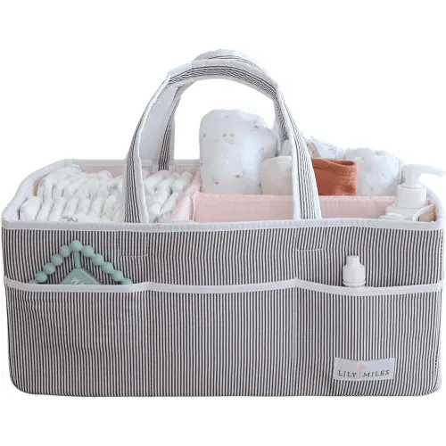 Lily Miles Baby Diaper Caddy - Organizer Tote Bag for Baby Girl Essentials - Baby Shower Basket - Nursery Must Haves - Registry Favorites - Newborn Caddie Car Travel - Gray/Blush, Extra Large