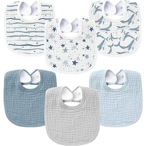 Konssy 6-Pack Muslin Baby Bibs for Boys & Girls, Soft Cotton Absorbent Bandana Drool Bibs for Drooling & Teething