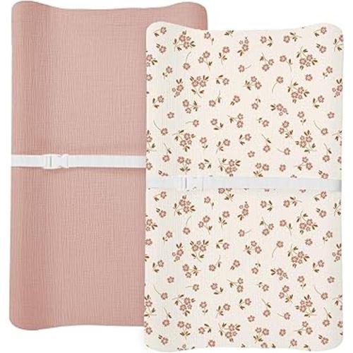 Changing Pad Cover for Baby Boy Girl 2 Pack, Muslin Changing Table Pad Covers with Boho Style, Neutral Nursery Bedding Essentials Soft and Breathable (Floral & Pink)