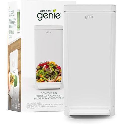 Kitchen Compost Bin, White Stainless-Steel Large, 3.6 Gallon, Indoor Odorless Composting, Hands-Free, Washable Parts, Includes 8 Tear-Off Compostable Bags and 1 Carbon Filter