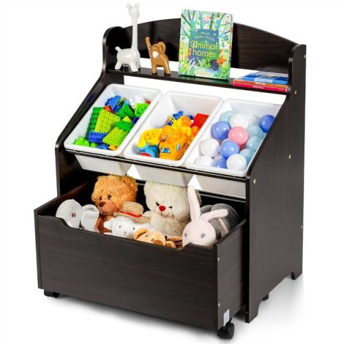 Costway Kids Wooden Toy Storage Unit Organizer w/Rolling Toy Box & Plastic Bins Espresso