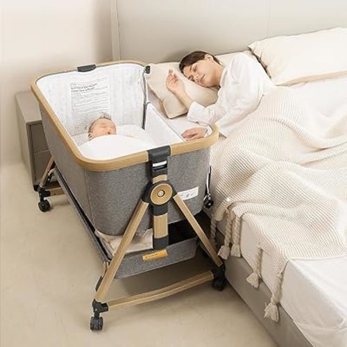 Maydolly 3-in-1 Baby Bassinet Bedside Crib, 6-Height Adjustable Bedside Sleeper with Airflow Mesh, Storage Basket & Lockable Castors, Upgraded Trapezoidal Cradle for Newborns