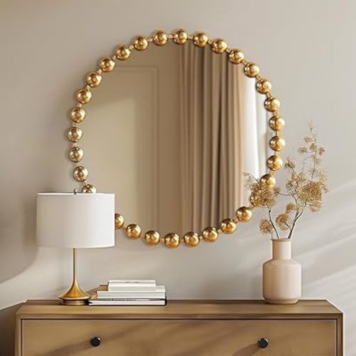 Madison Park Wall Décor Marlowe Metal Spherical Frame Round Mirror for Living Room - Home Accent, Ready to Hang Bedroom Decoration, 27" Diameter, Gold
