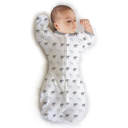 Amazing Baby Transitional Swaddle Sack with Arms Up Half-Length Sleeves and Mitten Cuffs, Small, 0-3 months, 6-14 lbs, Tiny Elephants, Sterling (Arms Up Swaddle, Transition Swaddle Sleep Sack)