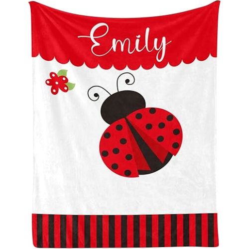Custom name as: Baby Iris. Ladybug Ladybird Cute Personalized Monogramed Baby Shower Blanket for Baby Girl Boy, Custom Name Soft Warm Newborn Throw Blanket 30X40 in