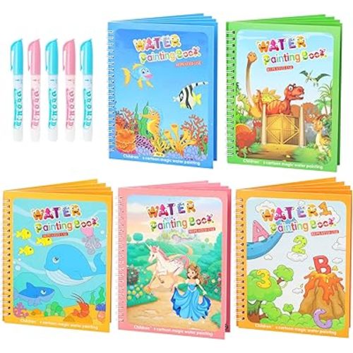5 Pack Reusable Water Coloring Book for Toddlers, Water Doodle Book Toys, Paint with Water Books,Mess-Free Coloring Book, Portable Educational Doodle Drawing Toy, Educational Learning Kits Gifts