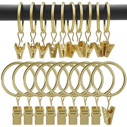AMZSEVEN 100 Pack Curtain Rings with Clips, Drapery Clips with Rings, Drapes Rings 1.26 in Interior Diameter, Fits up to 1 in Curtain Rod, Gold Color