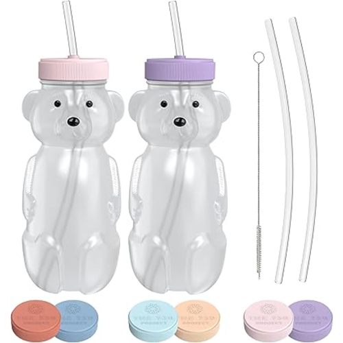 Honey Bear Straw Cup for Babies, 8oz Honey Bear Cup with Travel Lid, 2-Pack Therapy Learning Honeybear Straw Cup, Baby Honey Bear Bottle Set, Cherry Blossom & Unicorn