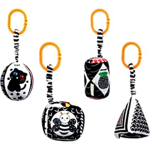 Amazon.com: KAKIBLIN Baby Hanging Rattle Toys, 4 Pack Car Seat Stroller Toys Soft Squeaky Toys for Baby 0-6 Months Newborn Infant Car Bed Travel Activity, White and Black : Toys & Games