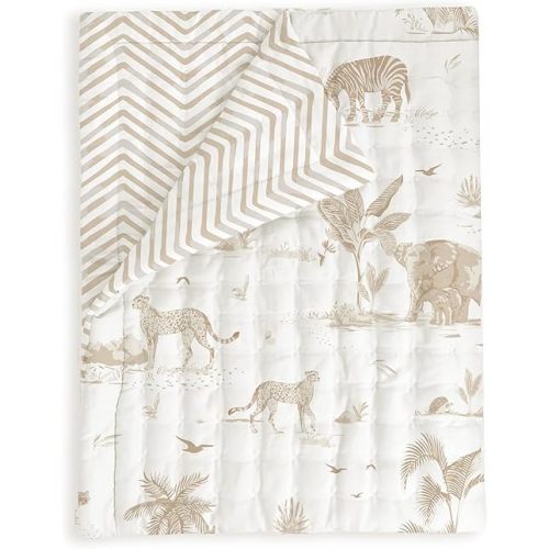 MakeMake Organics Organic Baby Comforter GOTS Certified Organic Kids Blanket Cotton Infill Tufted - Reversible Ultra Soft Breathable Boys Girls (30"x40", Safari + Herringbone)