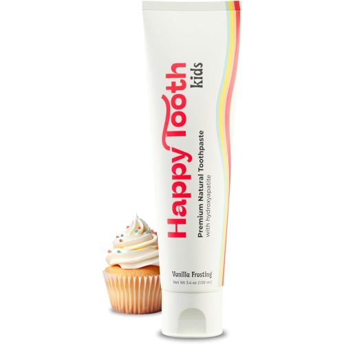 Happy Tooth Natural Hydroxyapatite Toothpaste, Fluoride Free, SLS Free, Whitening for Sensitive Teeth, Natural Ingredients, Dentist Formulated & Recommended, Adults & Kids, Vanilla Frosting 3.4 Fl Oz