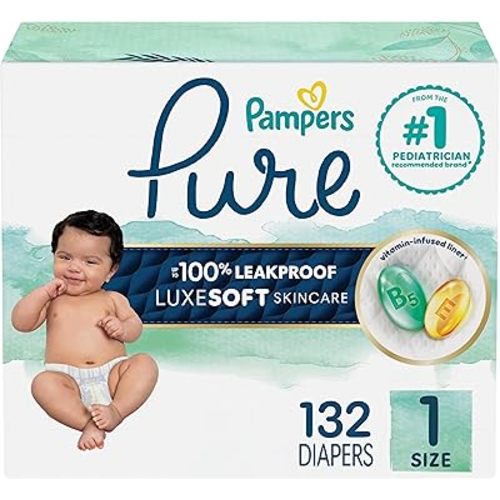 Pampers Pure Baby Diapers, Size 1 (8-14 lbs), 132, Up to 100% Leakproof, Premium Hypoallergenic Soft Diapers