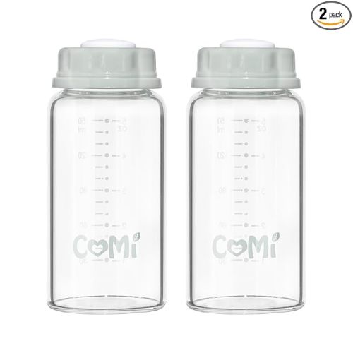 COMI Natural Glass Baby Bottle,Breastmilk Storage Bottle for Fridge,Breast Milk Container,Breast Pump Bottle Compatible with Medela Breast Pump,BPA Free,2PCS (5oz,2 Gray Lids)
