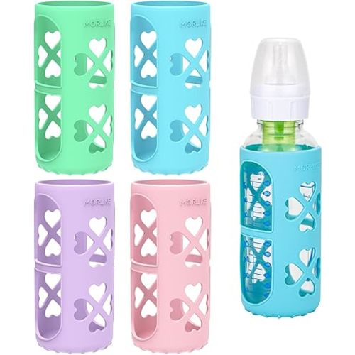 MORLIKE 4 Pack Silicone Sleeves Fit for 8 oz/250 mL Dr. Brown's Natural Narrow Glass Baby Bottle, 100% Silicone Covers Protect Glass Bottle, Easy to Grip Baby Bottle Holders for SB81003-P4, SB82023-P2