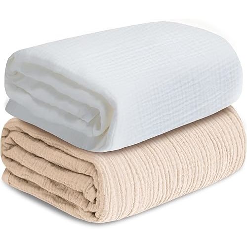 Muslin Swaddle Blankets for Newborn, 2 Pack Breathable Soft Receiving Blanket, Large 41 x 41 inches Swaddle Wrap Burping Clothes, Essentials Infant Shower Items. (Beige & White)