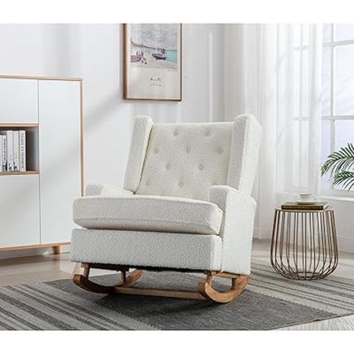Rocking Chair, Glider Chair with Rubber Pad & Side Pocket, Armchair with Solid Wood Strusture for Living Room, Nursery, Bedroom, Breastfeeding(Cream Color)