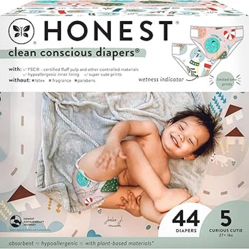 The Honest Company Clean Conscious Diapers | Plant-Based, Sustainable | Winter '24 Limited Edition Prints | Club Box, Size 5 (27+ lbs), 44 Count