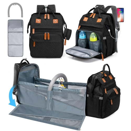 Kabaqoo Baby Diaper Bag Backpack with Changing Station & USB Charging Port, Multifunctional Newborn Baby Backpack Black