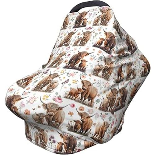 Highland Cow Car Seat Covers Canopy Covers Baby Multi-Use Car Seat Canopy Carrier Cover, Breathable Breastfeeding Cover Boys & Girls