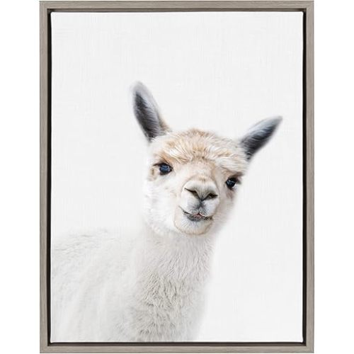 Kate and Laurel Sylvie Studio Alpaca Animal Print Portrait Framed Canvas Wall Art by Amy Peterson, 18x24 Gray